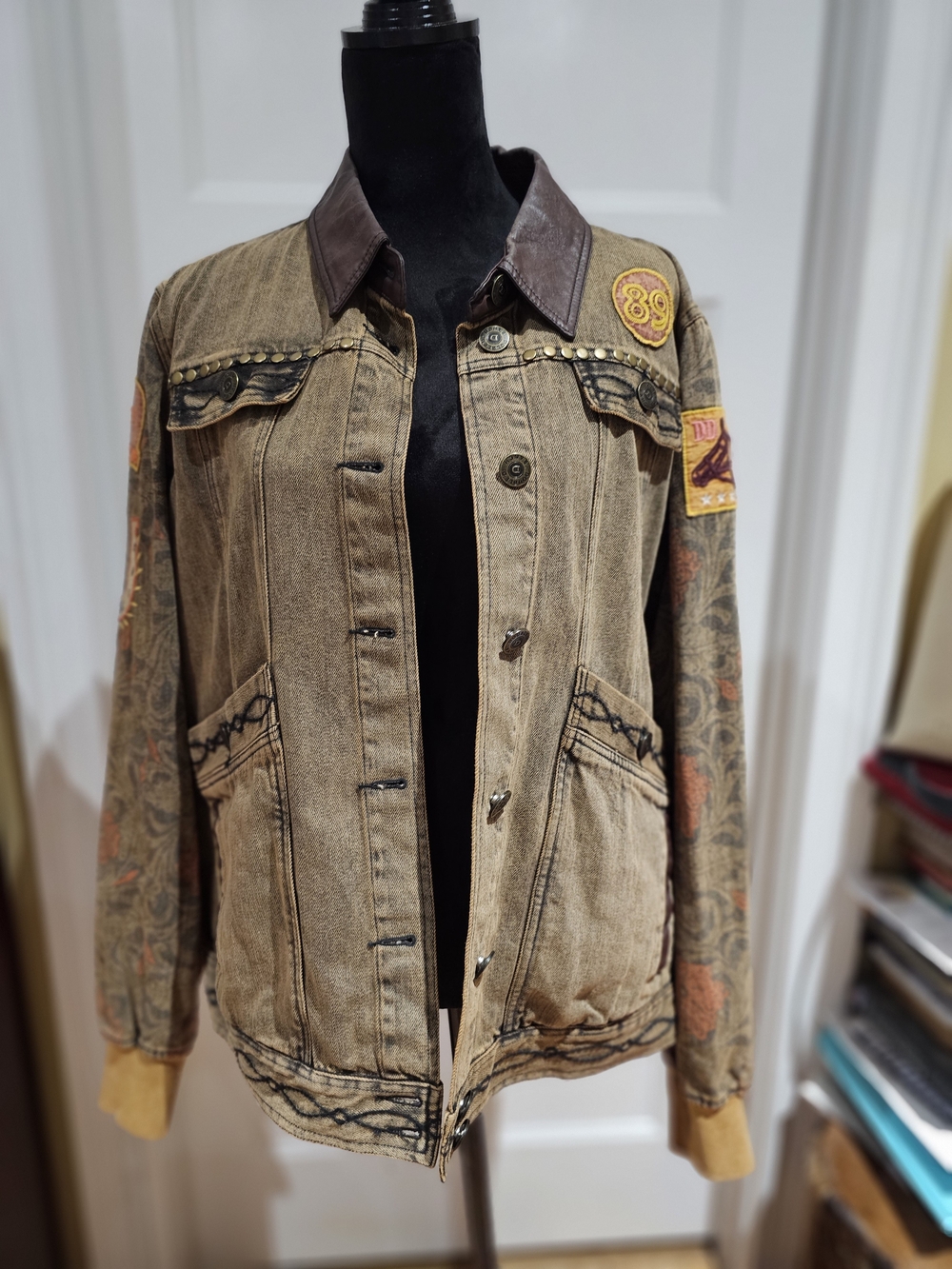 Double D Ranch Brown Patchwork Jean Jacket with Studs & Embroidered Patches